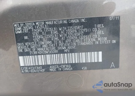 2011 Toyota Rav4 z USA, uszkodzony, nr VIN 2T3BF4DV2BW145088